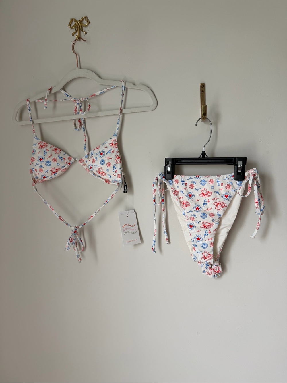 Bonjour French print cream Tie-Side Bikini Set with scrunchie